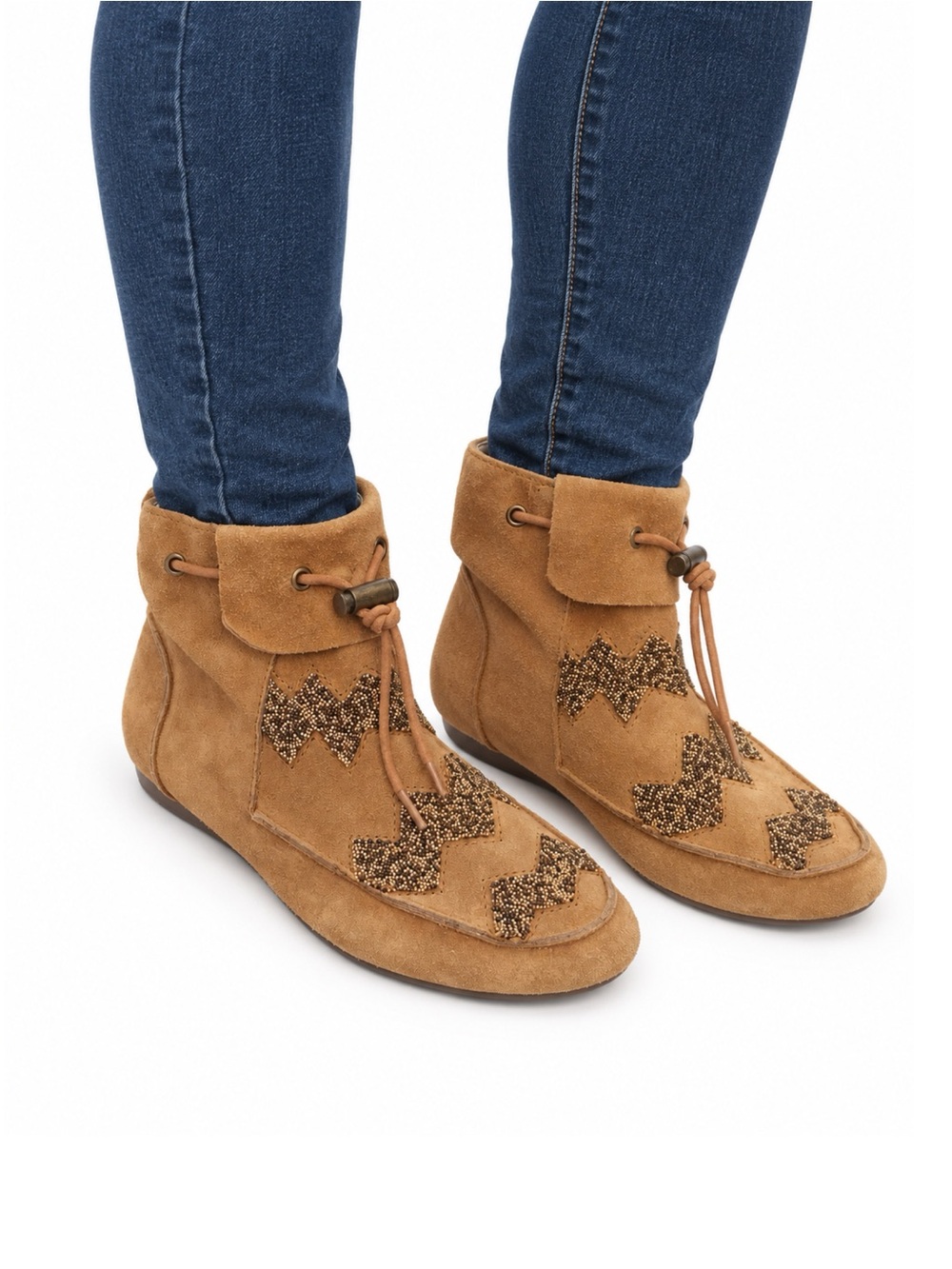 Size 6.5 House of Harlow 1960 Women’s Tan Suede Beaded Boho Ankle Boots